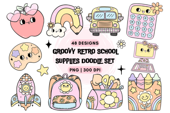 Groovy Retro School Supplies Doodle Set